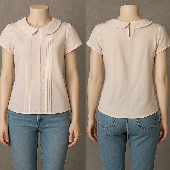 Elle Light Pink Polka Dot Blouse XS – Peter Pan Collar & Pleated Front - Picture 1 of 8